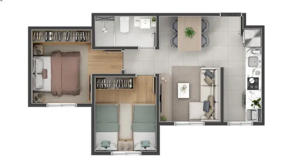 Planta do apartamento tipo B do Porto Garten, publicada na ficha da Rottas