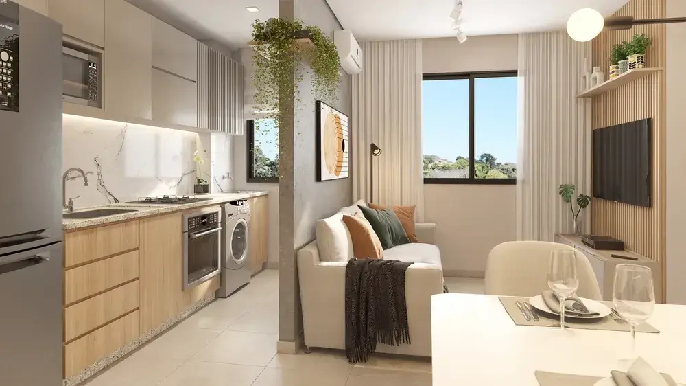 Sala e cozinha integradas de um apartamento do Porto Garten