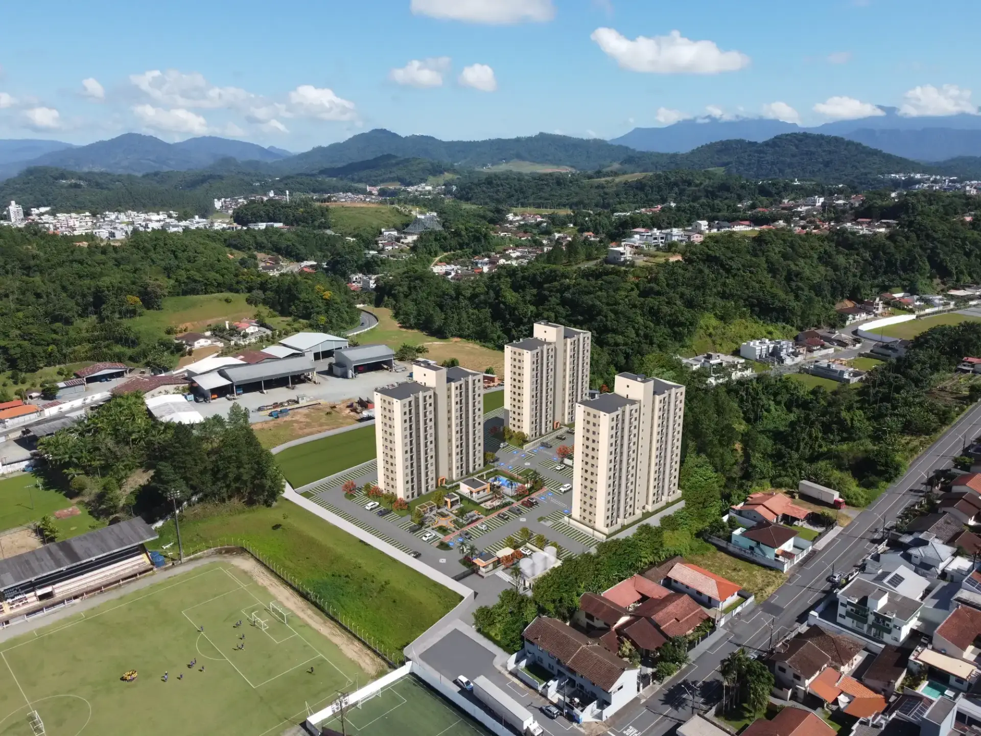 Vista aérea do VEGA Jaraguá, com as torres e a área de lazer, em Jaraguá do Sul