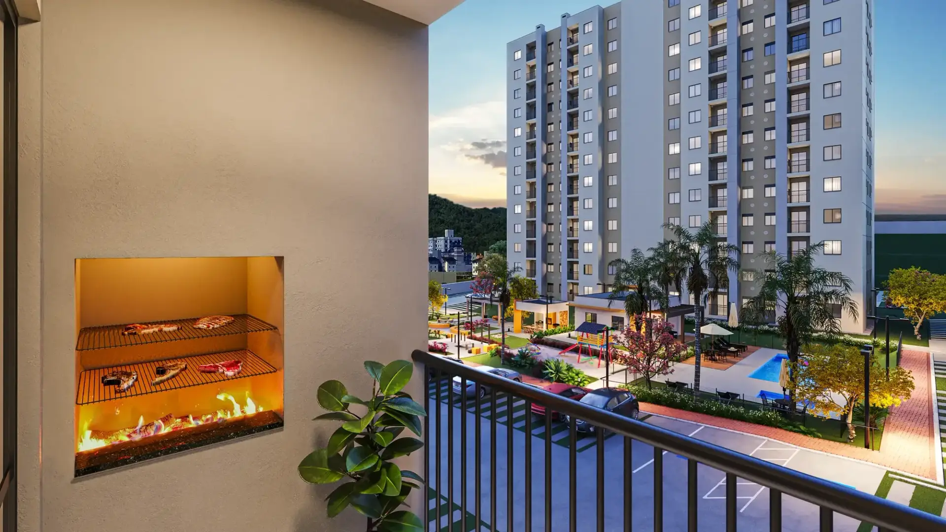 Sacada do apartamento do VEGA Jaraguá à noite