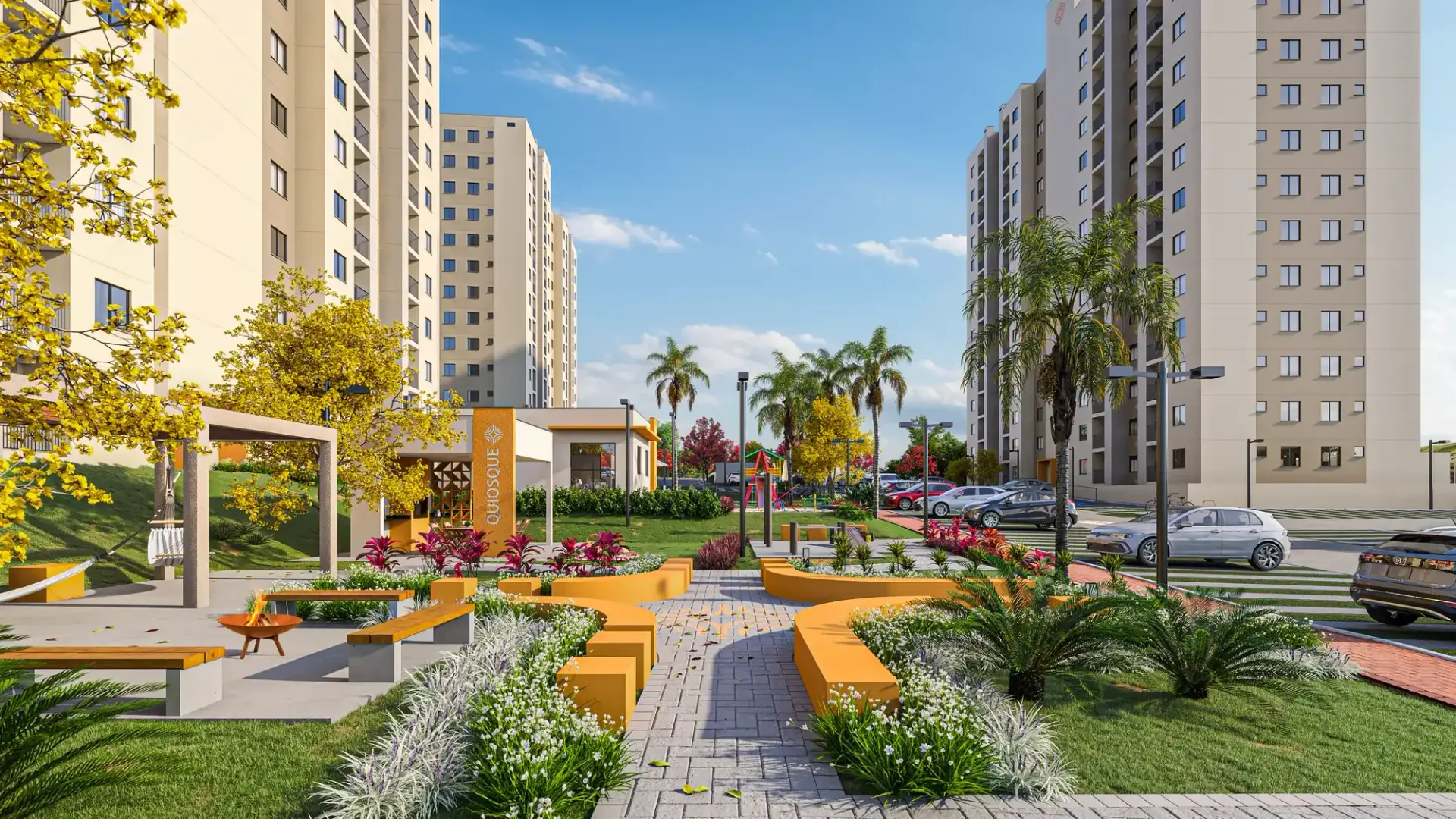 Praça central do VEGA Jaraguá, com quiosque, fire place e redário