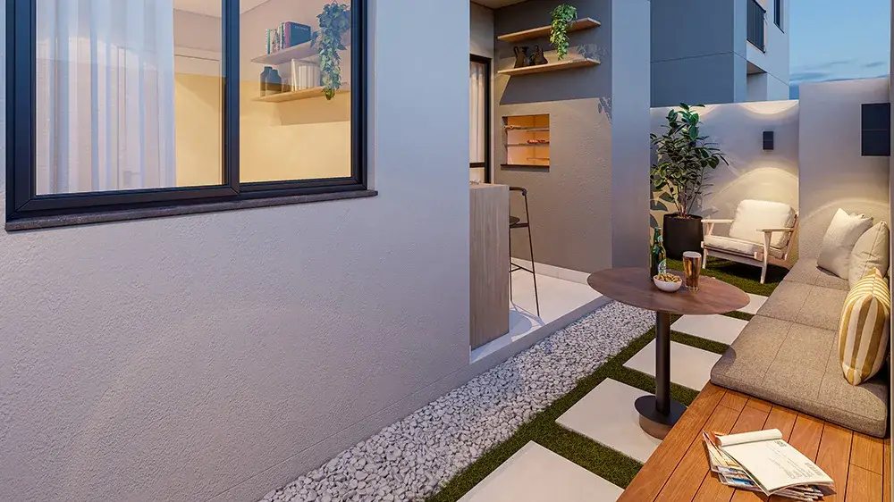 Área externa privativa de um apartamento garden do VEGA Jaraguá