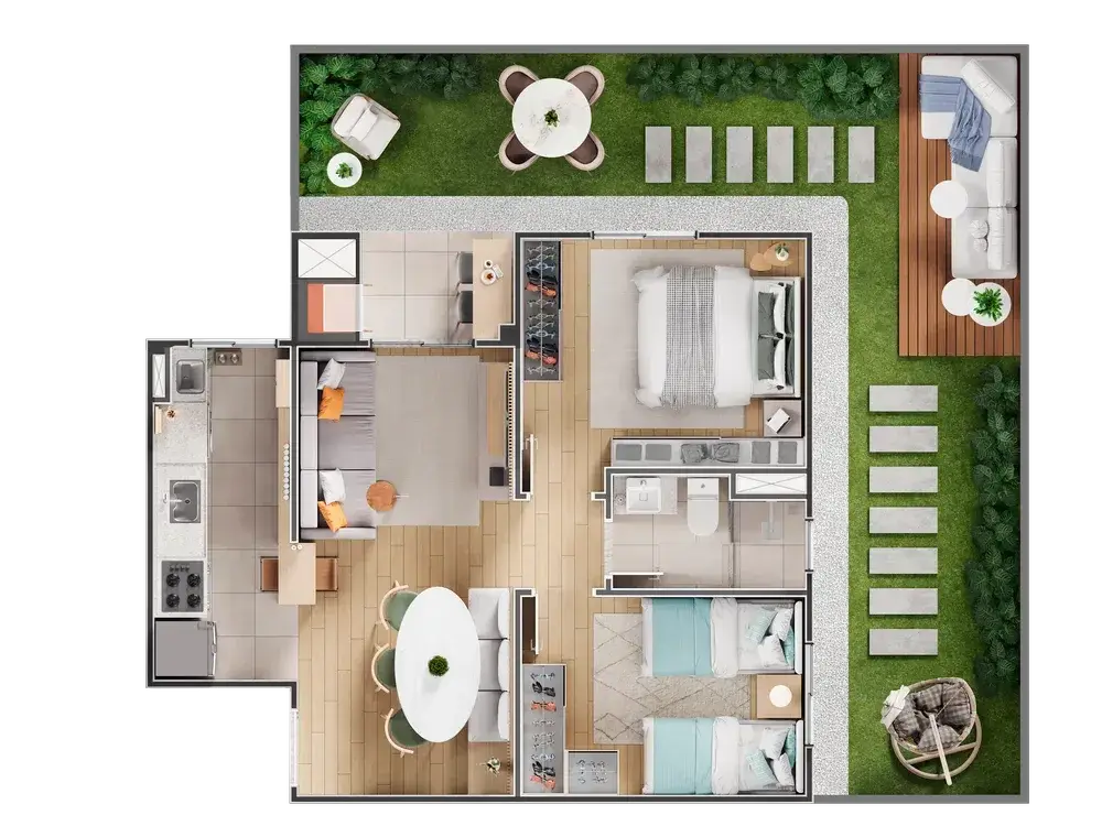 Planta humanizada do apartamento garden de ponta do VEGA Neoville