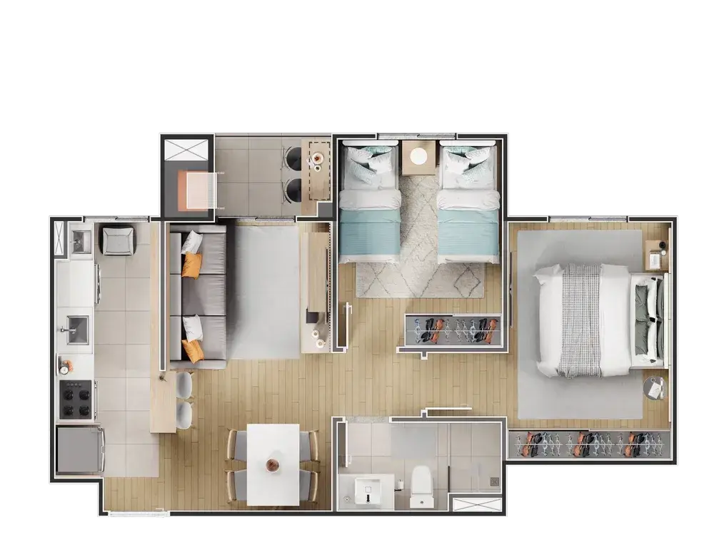 Planta humanizada do apartamento tipo A do VEGA Neoville